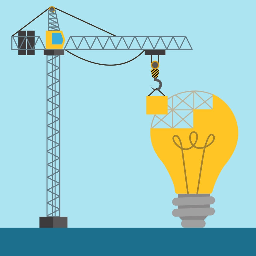 Light bulb idea building with a crane placing blocks vector concept